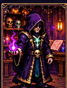 Retrato pixel art de Elric, mago de capuz roxo