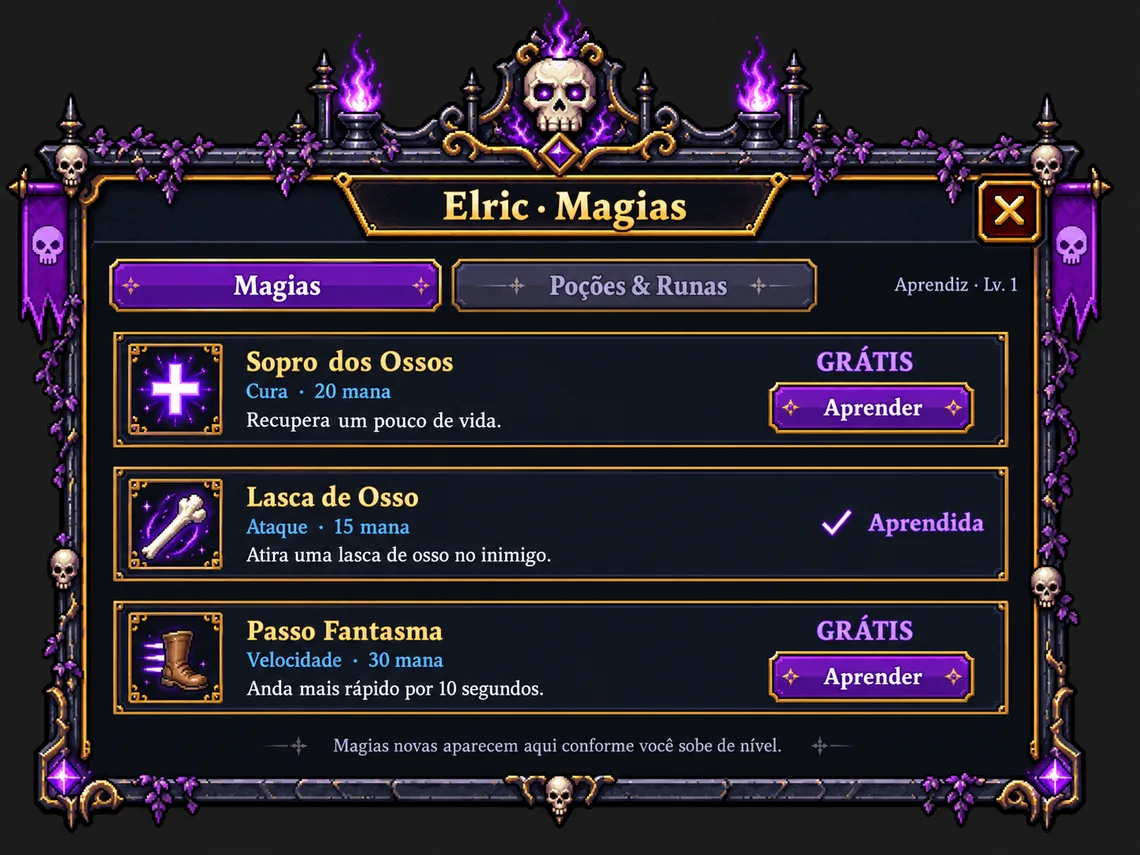 Janela de habilidades góticas com magias de cura, ataque e velocidade