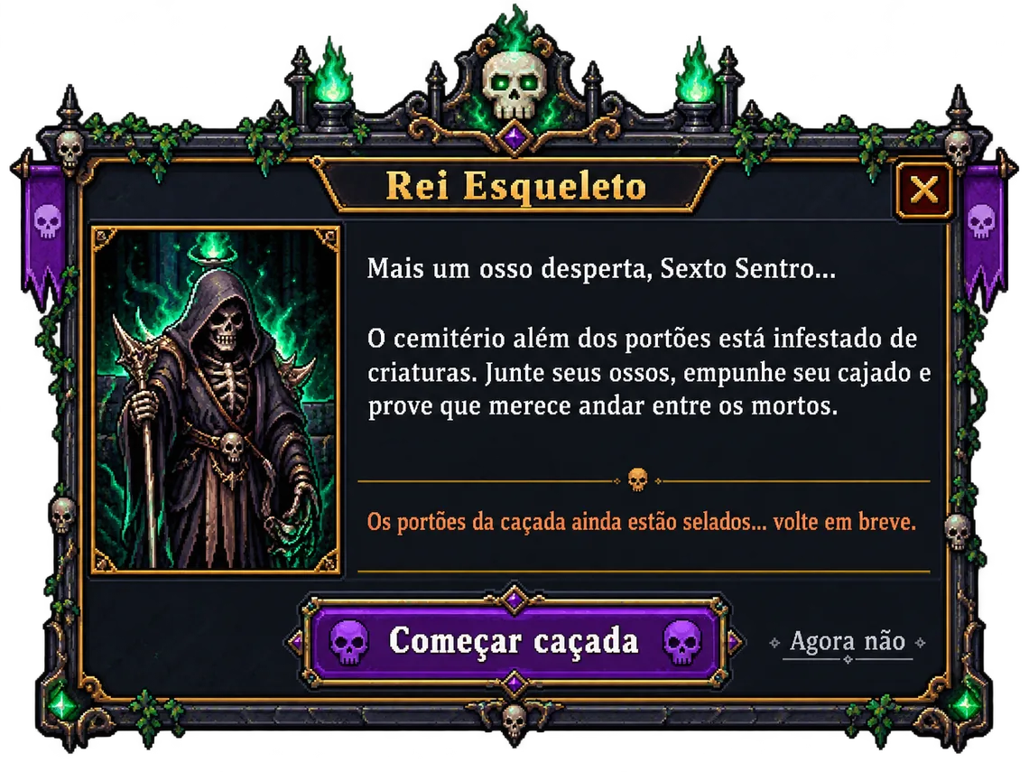 Janela de conversa com o Rei Esqueleto em moldura de pixel art