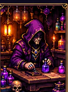 Retrato pixel art de Morgan, mercador de poções
