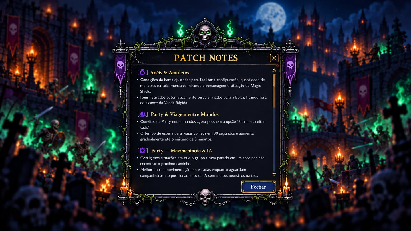 Janela gótica de patch notes sobre campo de batalha sombrio