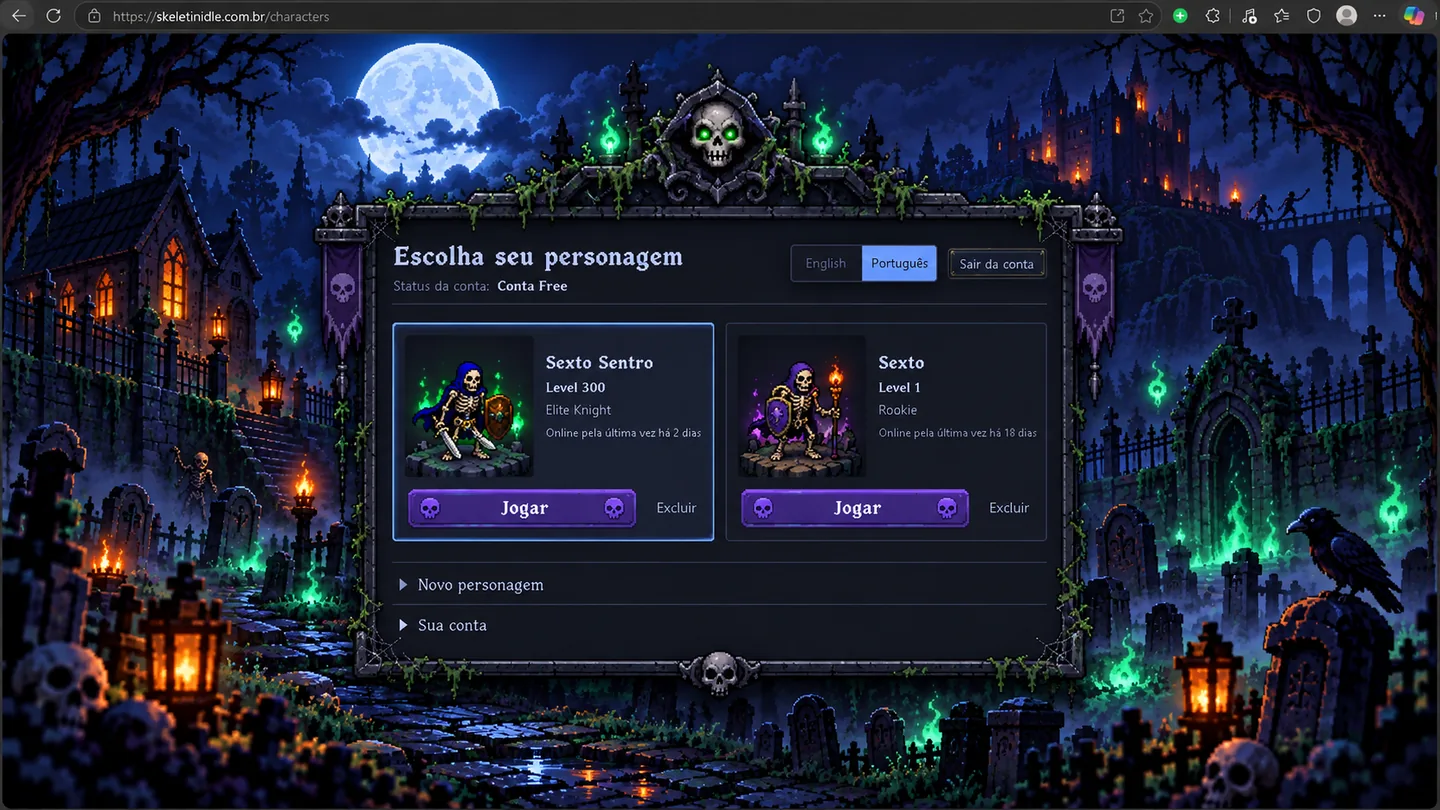 Tela temática de escolha de personagens do SkeletinIDLE