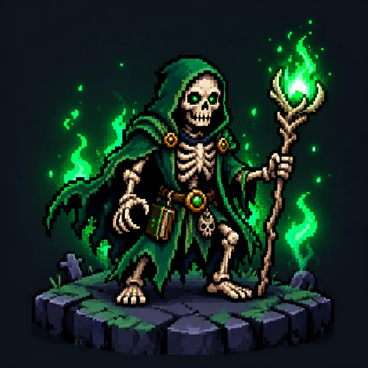 Esqueleto necromante de manto verde e cajado espectral