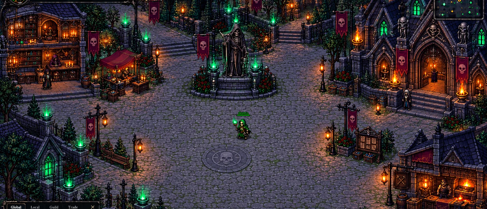 Vila gótica em pixel art com grande praça, lojas e fogo espectral verde