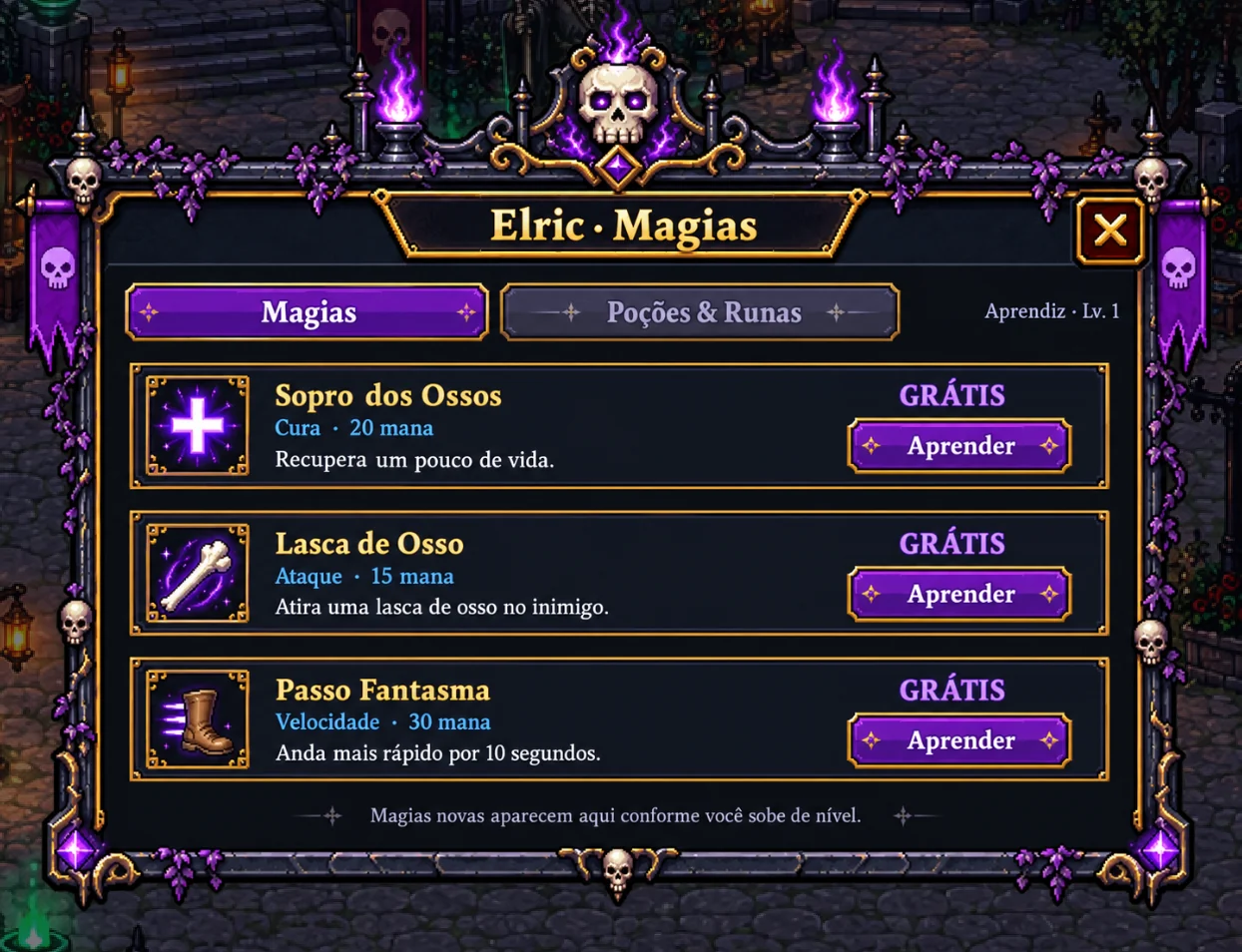 Janela de magias do Elric com Sopro dos Ossos, Lasca de Osso e Passo Fantasma.