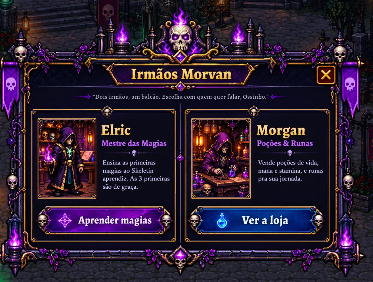 Janela dos Irmãos Morvan no jogo, com Elric e Morgan lado a lado.
