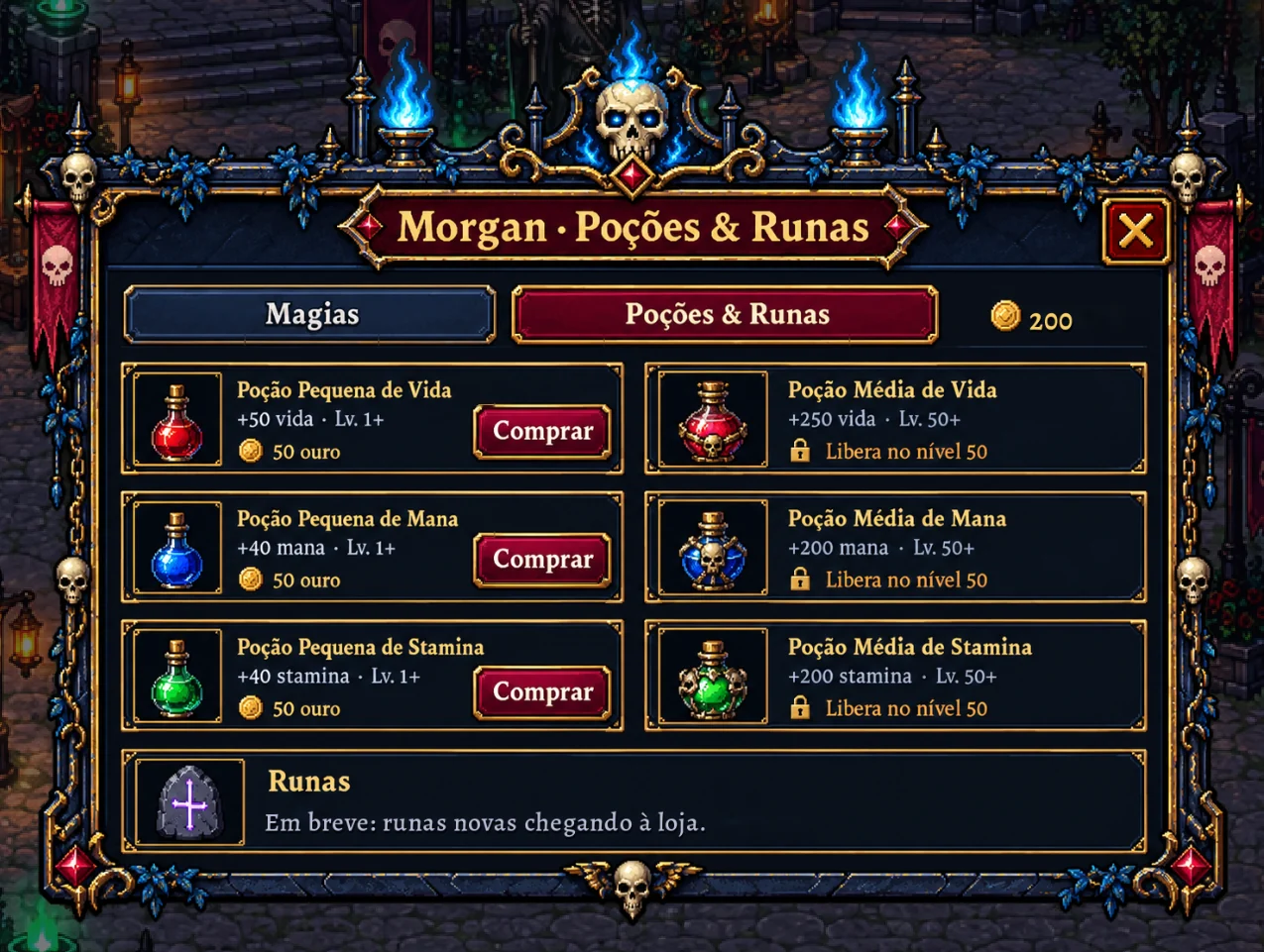Loja de poções da Morgan com poções de vida, mana e stamina.