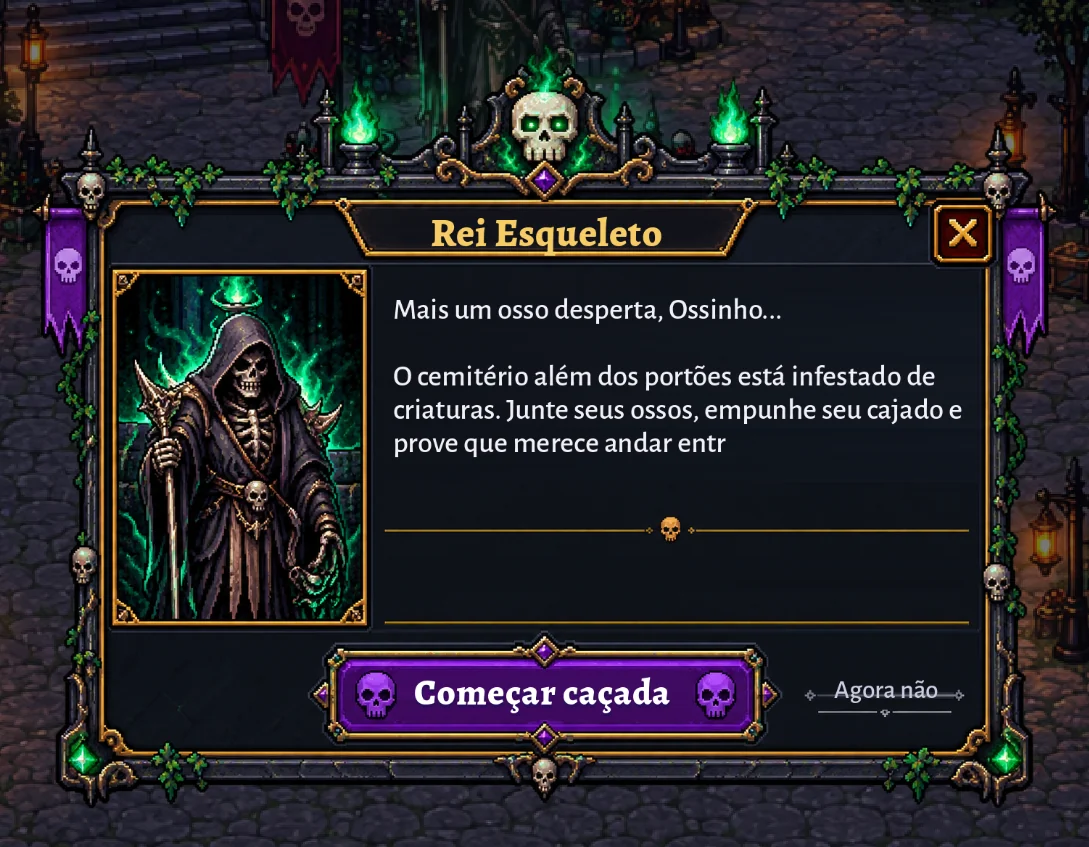 Janela do Rei Esqueleto no jogo, com o botão Começar caçada.