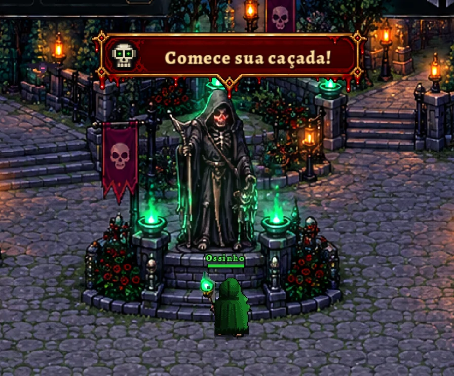 O Skeletin parado em frente à estátua do Rei Esqueleto, com o balão Comece sua caçada.