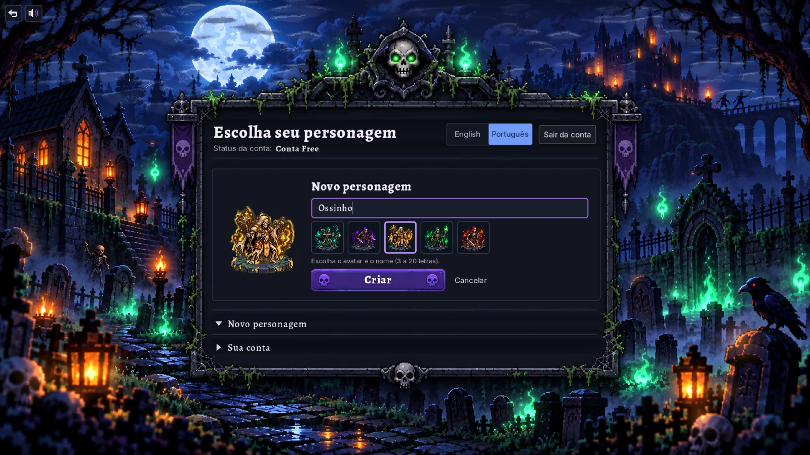 Criação de personagem com campo de nome e cinco avatares.