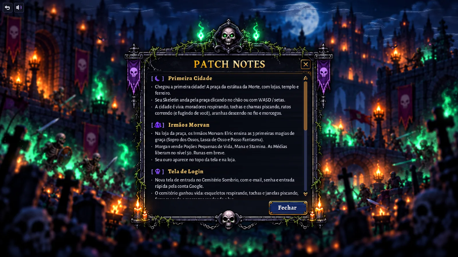 Janela de Patch Notes com as novidades do jogo.